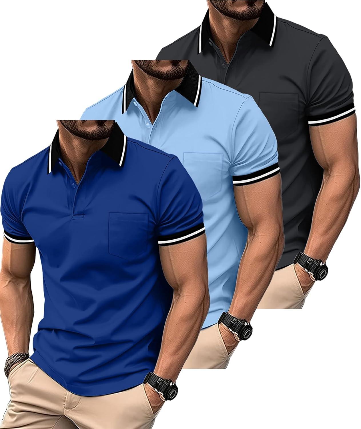 imageZITY 3 Pack Men Polo Shirts Short Sleeve with Pocket Sport Wicking Shirts for Men Casual Athletic Collared TShirtsGrey Moonblue Blue