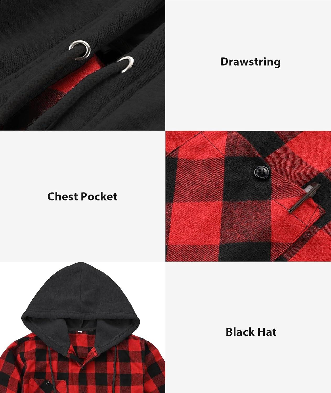 imageZITY 3 Pack Mens Flannel Hoodie Shirts Long Sleeve Casual Vintage Button Down Plaid Shirt Jacket with PocketBlackred Blue Blackgrey