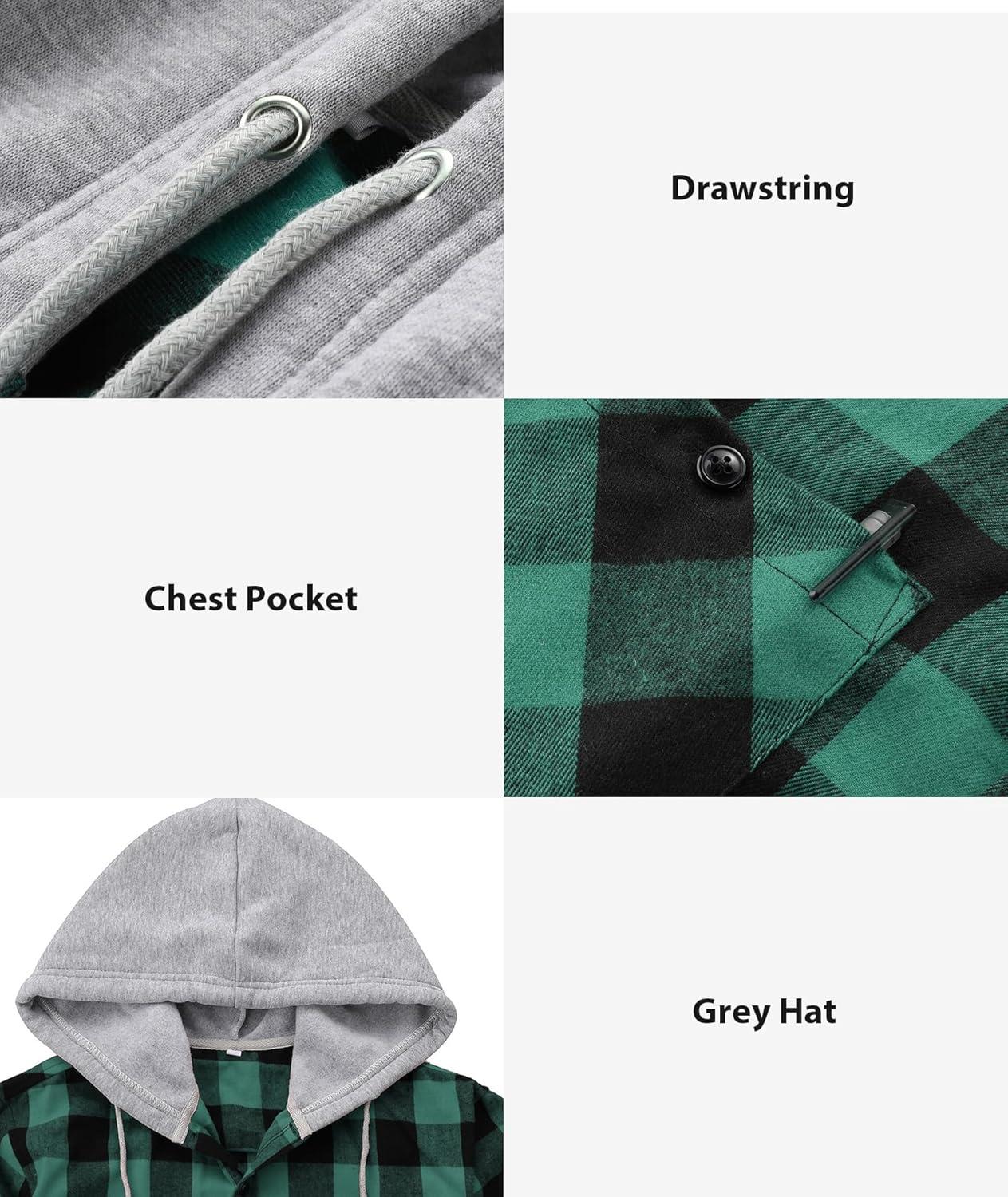 imageZITY 3 Pack Mens Flannel Hoodie Shirts Long Sleeve Casual Vintage Button Down Plaid Shirt Jacket with PocketNavybeige Green Navywhite