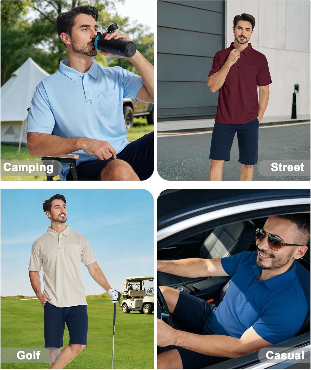 imageZITY 5 Pack Polo Shirts for Men with Pocket Dry Quickly Short Sleeve Athletic Outdoor Work Collared ShirtsBlackgreyforest Greenapricotviolet