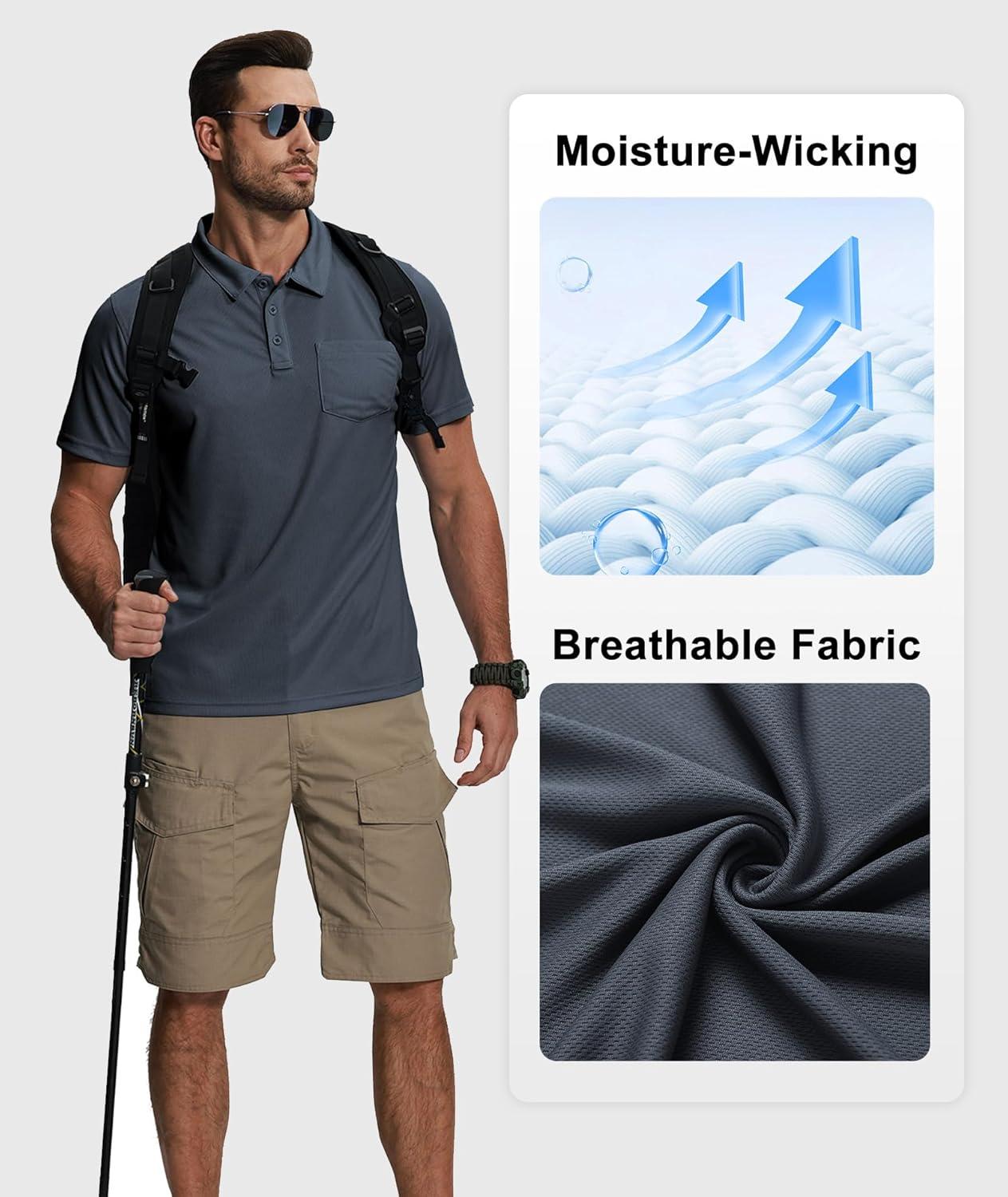 imageZITY 5 Pack Polo Shirts for Men with Pocket Dry Quickly Short Sleeve Athletic Outdoor Work Collared ShirtsDark Teal Blueblackgreyapricotnavy