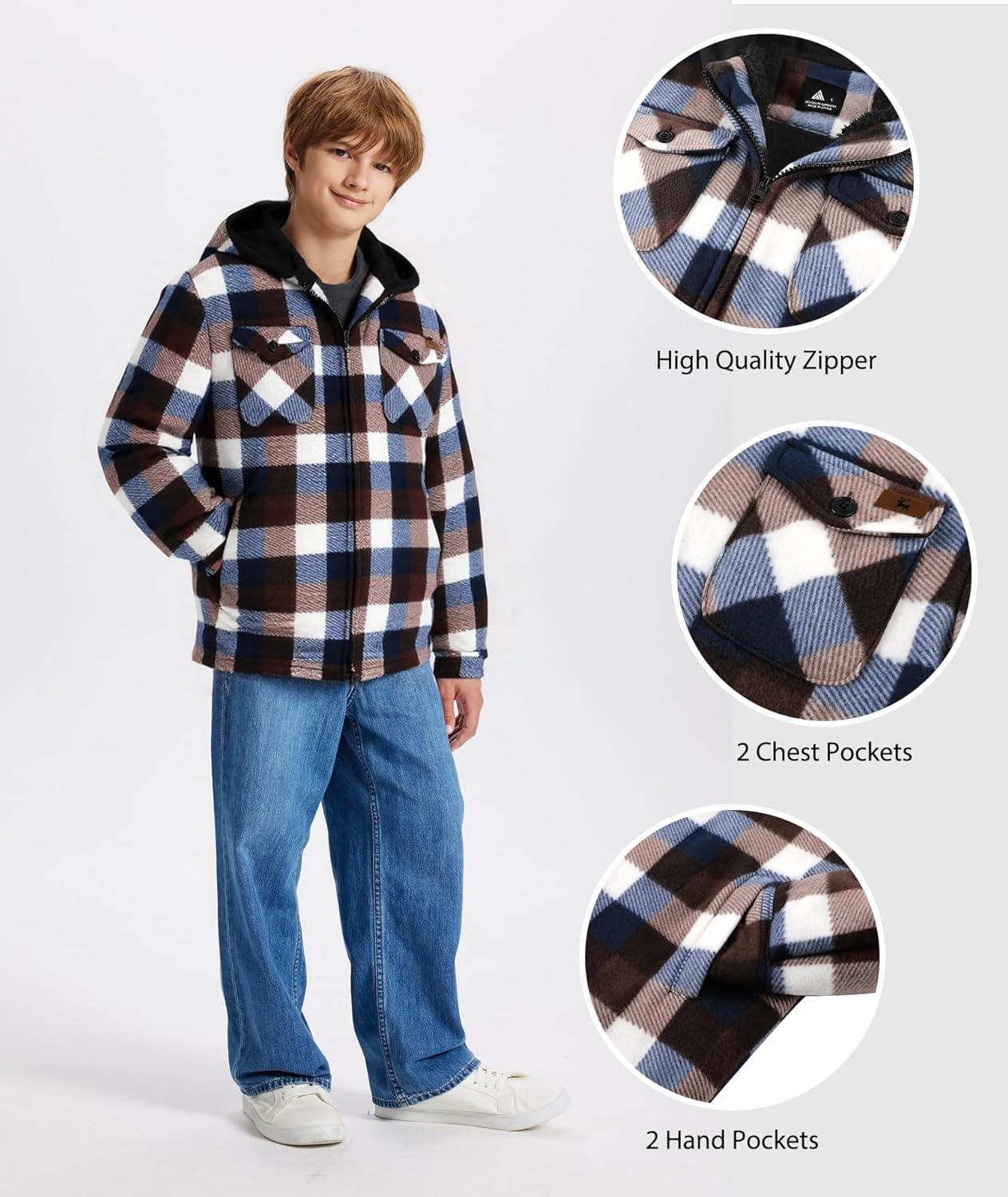 imageZITY Boys Flannel Shirt Jacket Fleece Sherpa Lined Plaid Jackets Unisex Coat Full Zip Hoodie Girls Winter Outwear 615 YearsCoffee Brown