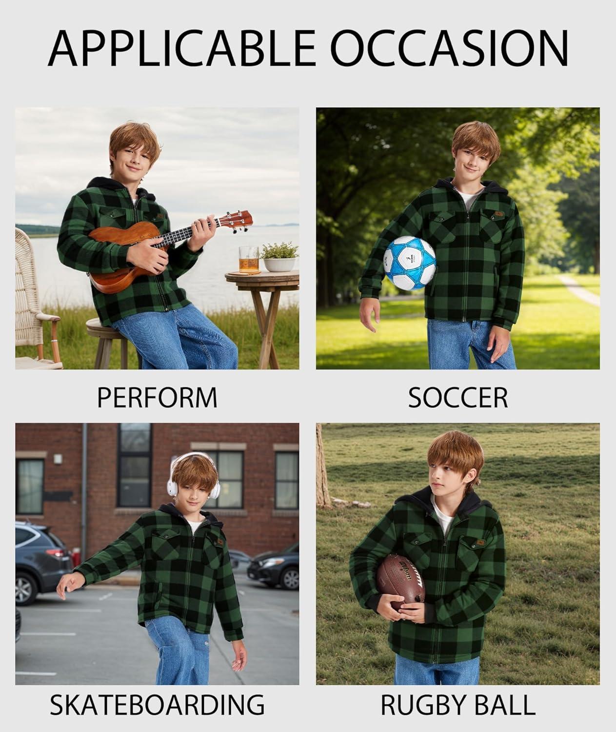 imageZITY Boys Flannel Shirt Jacket Fleece Sherpa Lined Plaid Jackets Unisex Coat Full Zip Hoodie Girls Winter Outwear 615 YearsGreen Black