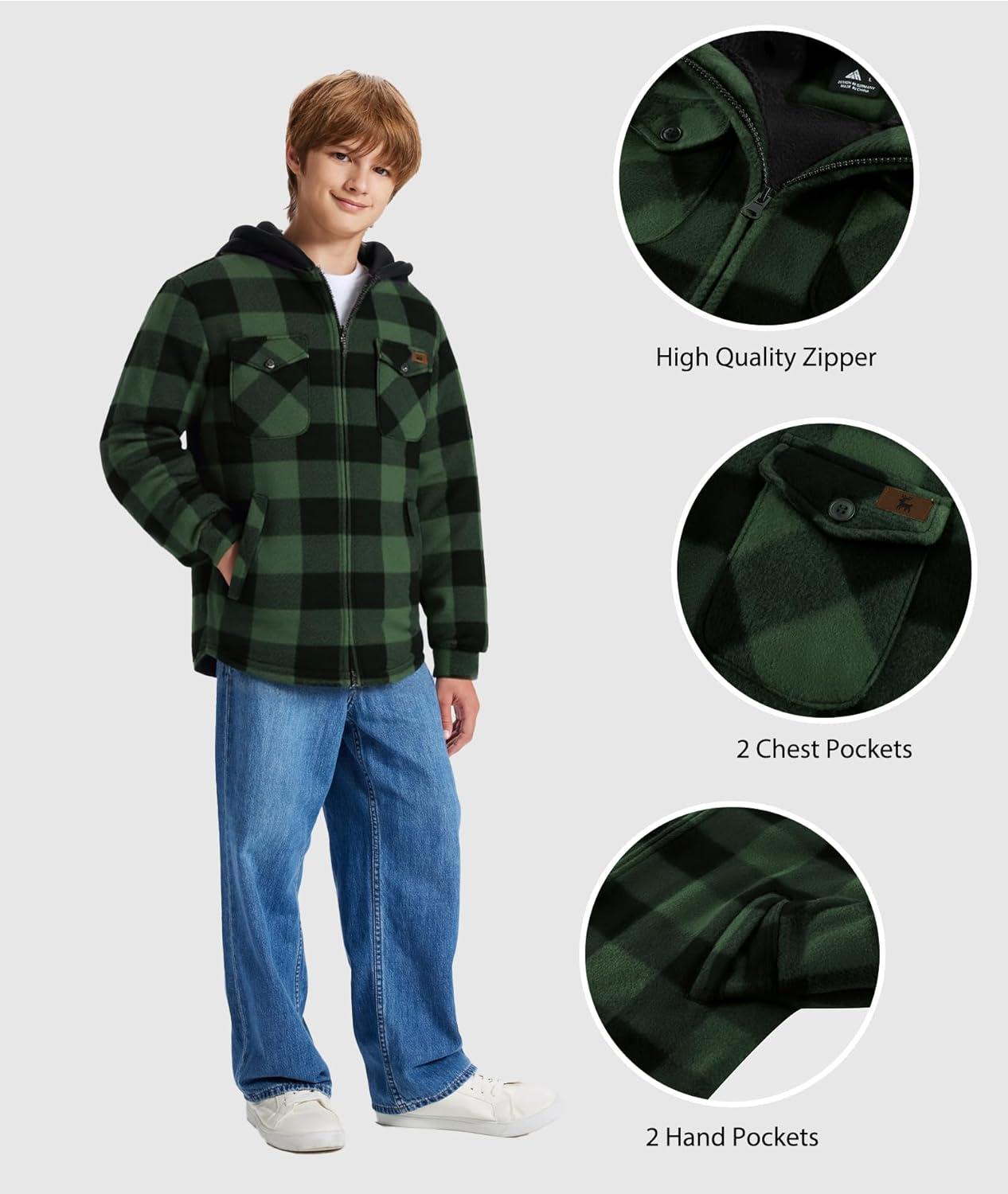 imageZITY Boys Flannel Shirt Jacket Fleece Sherpa Lined Plaid Jackets Unisex Coat Full Zip Hoodie Girls Winter Outwear 615 YearsGreen Black