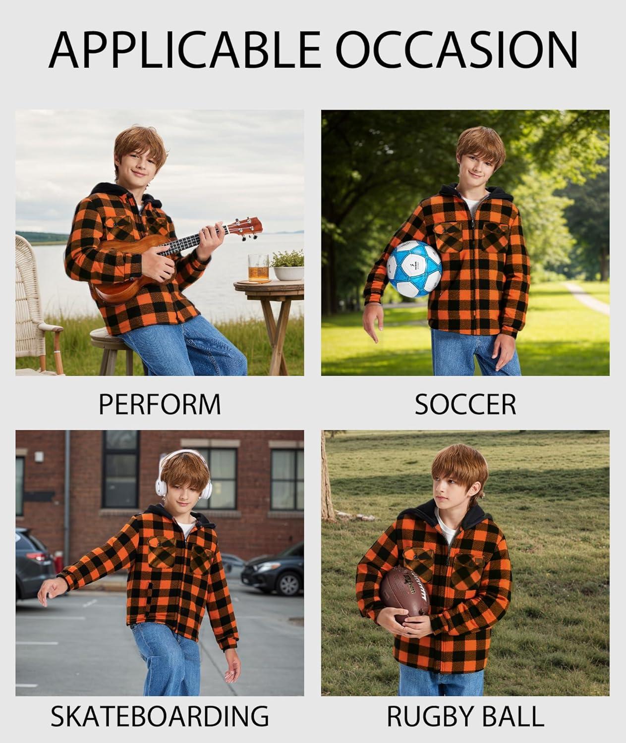 imageZITY Boys Flannel Shirt Jacket Fleece Sherpa Lined Plaid Jackets Unisex Coat Full Zip Hoodie Girls Winter Outwear 615 YearsOrange Black