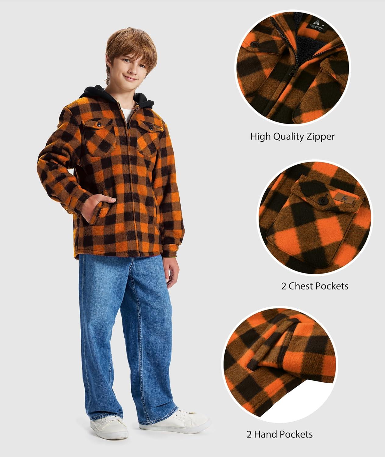 imageZITY Boys Flannel Shirt Jacket Fleece Sherpa Lined Plaid Jackets Unisex Coat Full Zip Hoodie Girls Winter Outwear 615 YearsOrange Black