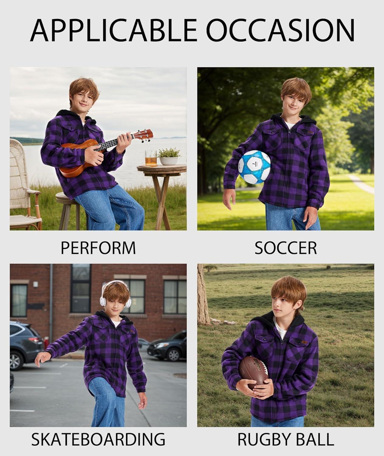 imageZITY Boys Flannel Shirt Jacket Fleece Sherpa Lined Plaid Jackets Unisex Coat Full Zip Hoodie Girls Winter Outwear 615 YearsPurple