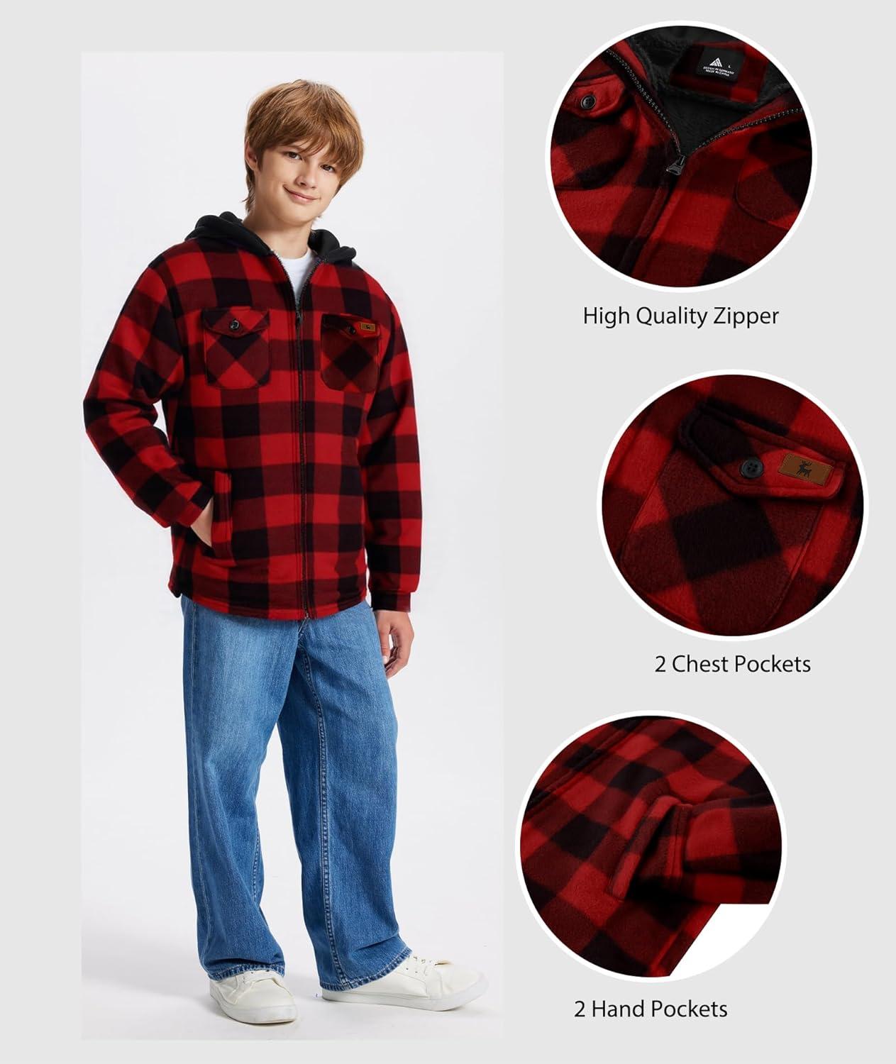 imageZITY Boys Flannel Shirt Jacket Fleece Sherpa Lined Plaid Jackets Unisex Coat Full Zip Hoodie Girls Winter Outwear 615 YearsRed Black