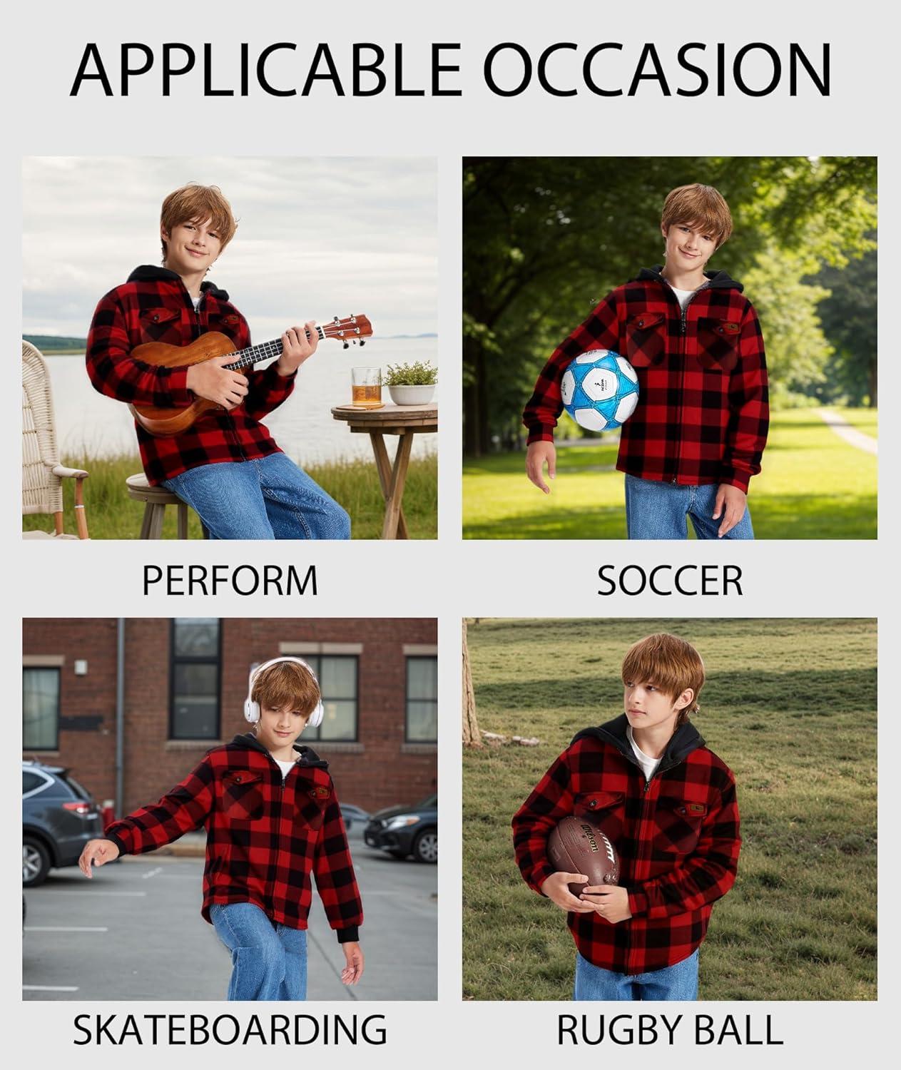 imageZITY Boys Flannel Shirt Jacket Fleece Sherpa Lined Plaid Jackets Unisex Coat Full Zip Hoodie Girls Winter Outwear 615 YearsRed Black