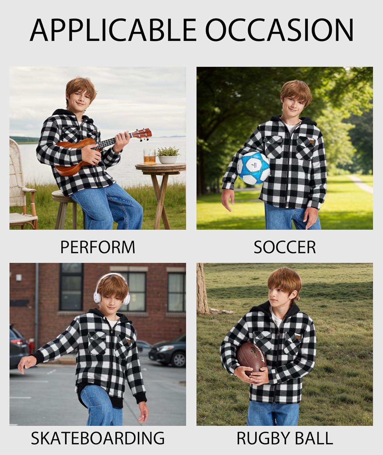 imageZITY Boys Flannel Shirt Jacket Fleece Sherpa Lined Plaid Jackets Unisex Coat Full Zip Hoodie Girls Winter Outwear 615 YearsWhite Black