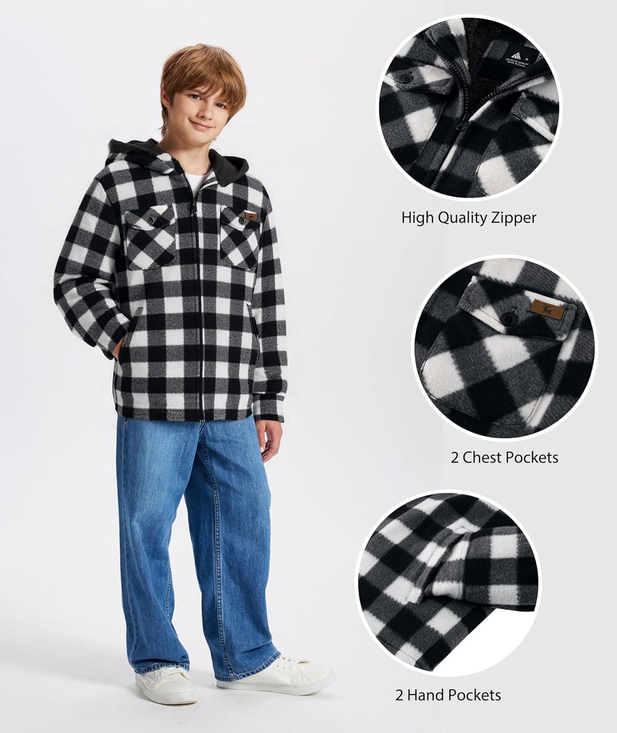 imageZITY Boys Flannel Shirt Jacket Fleece Sherpa Lined Plaid Jackets Unisex Coat Full Zip Hoodie Girls Winter Outwear 615 YearsWhite Black