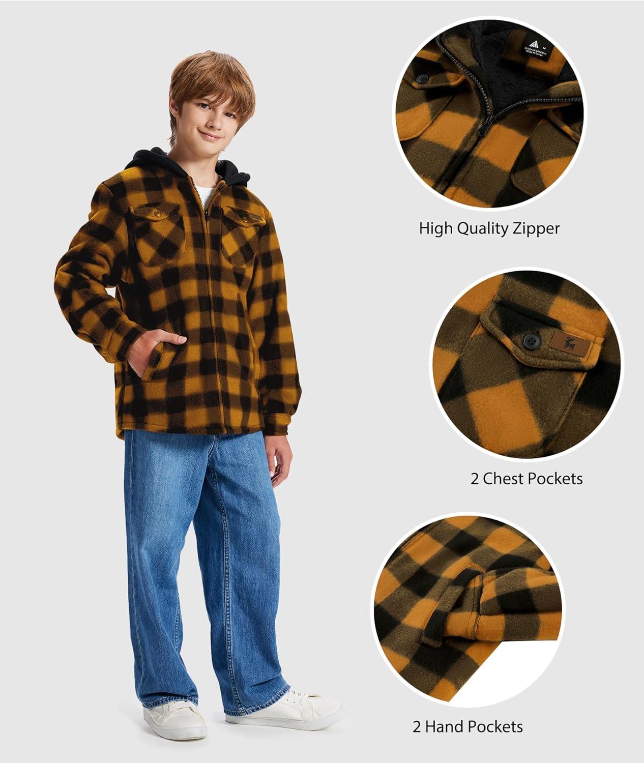 imageZITY Boys Flannel Shirt Jacket Fleece Sherpa Lined Plaid Jackets Unisex Coat Full Zip Hoodie Girls Winter Outwear 615 YearsYellow Black