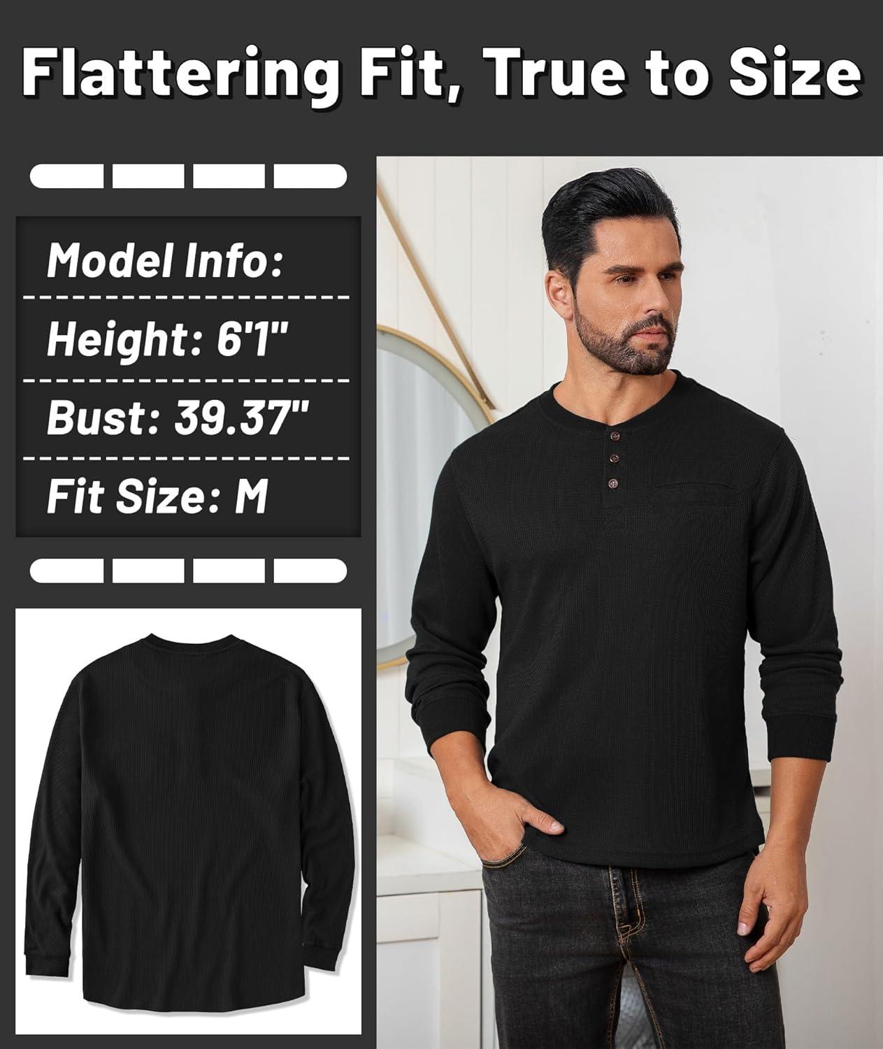 imageZITY Long Sleeve Henley Shirts for Men Casual Waffle Thermal Fashion Pullover 3Button TShirt with PocketAll Black