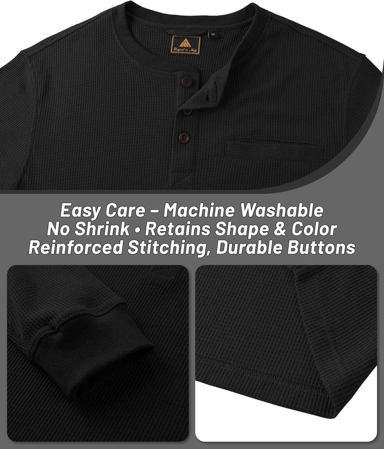 imageZITY Long Sleeve Henley Shirts for Men Casual Waffle Thermal Fashion Pullover 3Button TShirt with PocketAll Black