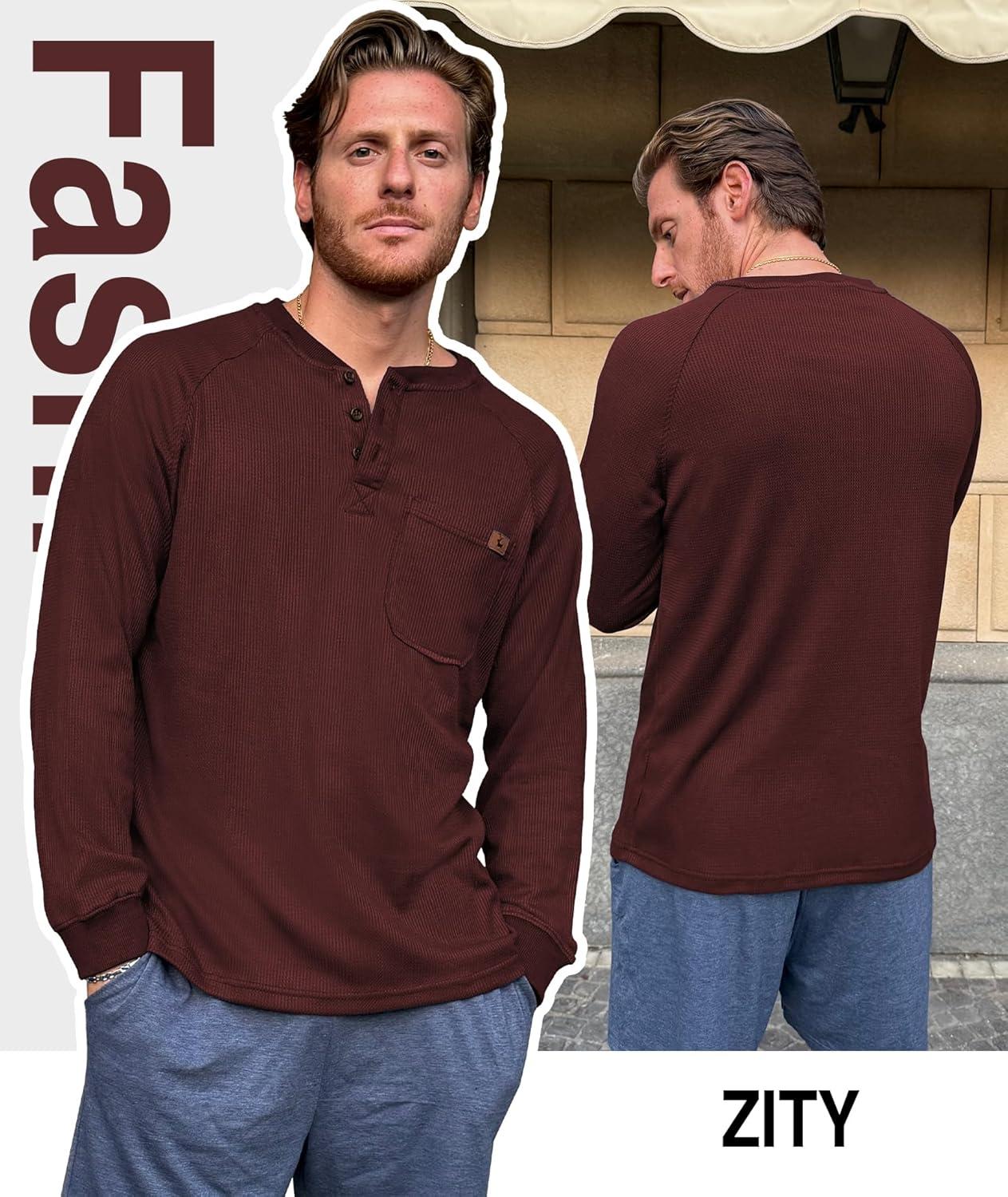 imageZITY Long Sleeve Henley Shirts for Men Casual Waffle Thermal Fashion Pullover 3Button TShirt with PocketZburgundy