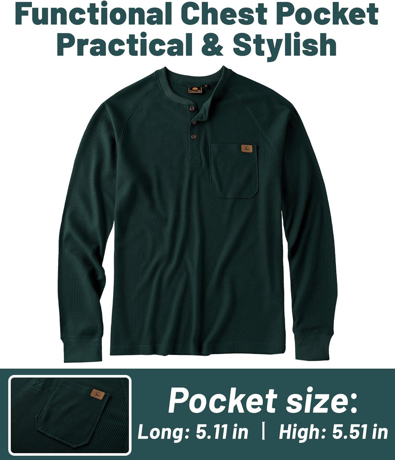 imageZITY Long Sleeve Henley Shirts for Men Casual Waffle Thermal Fashion Pullover 3Button TShirt with PocketZdark Blackish Green