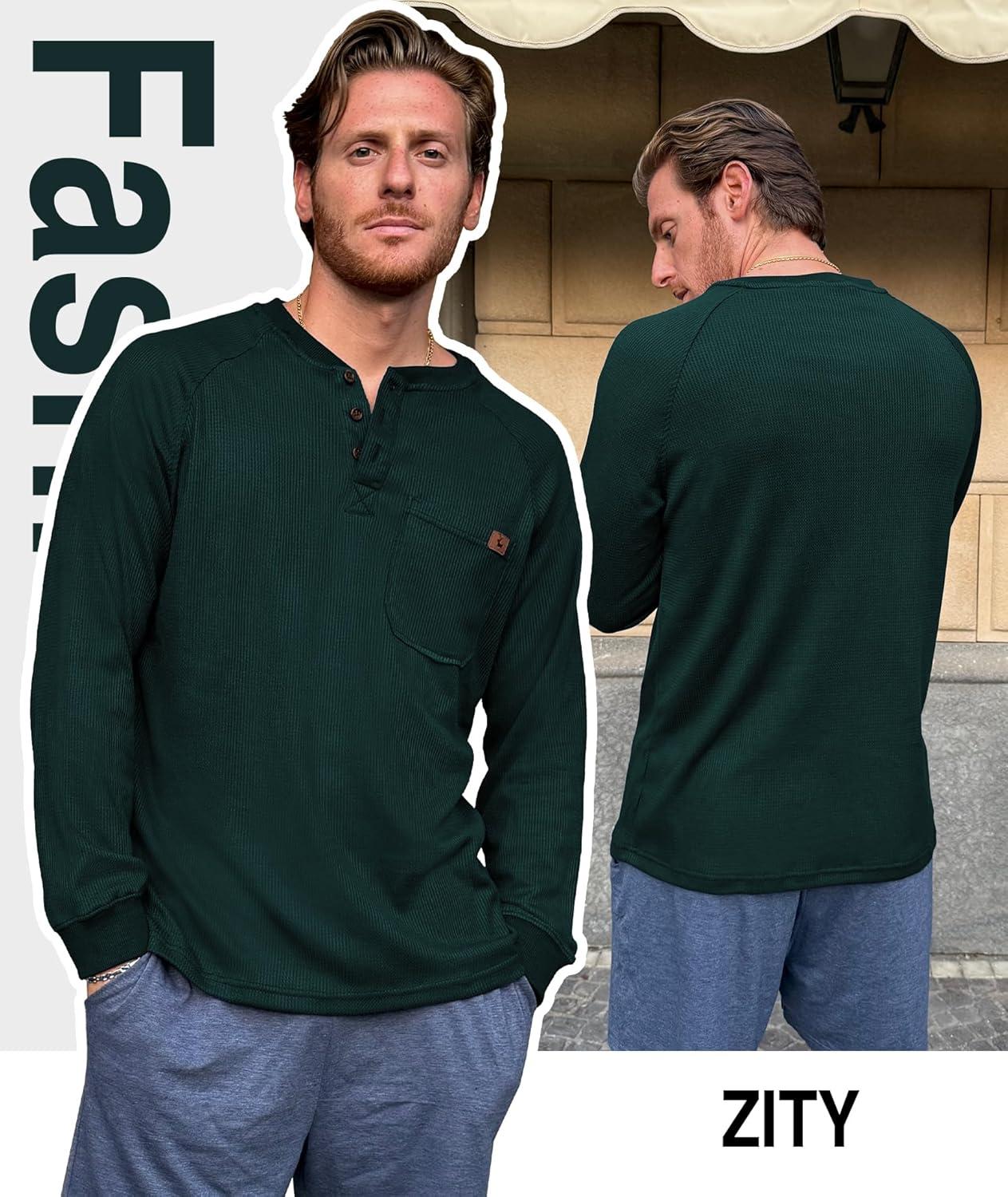 imageZITY Long Sleeve Henley Shirts for Men Casual Waffle Thermal Fashion Pullover 3Button TShirt with PocketZdark Blackish Green