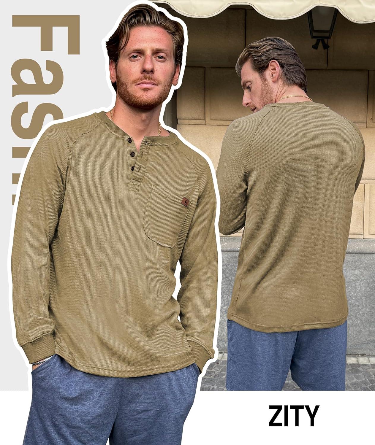imageZITY Long Sleeve Henley Shirts for Men Casual Waffle Thermal Fashion Pullover 3Button TShirt with PocketZdark Khaki