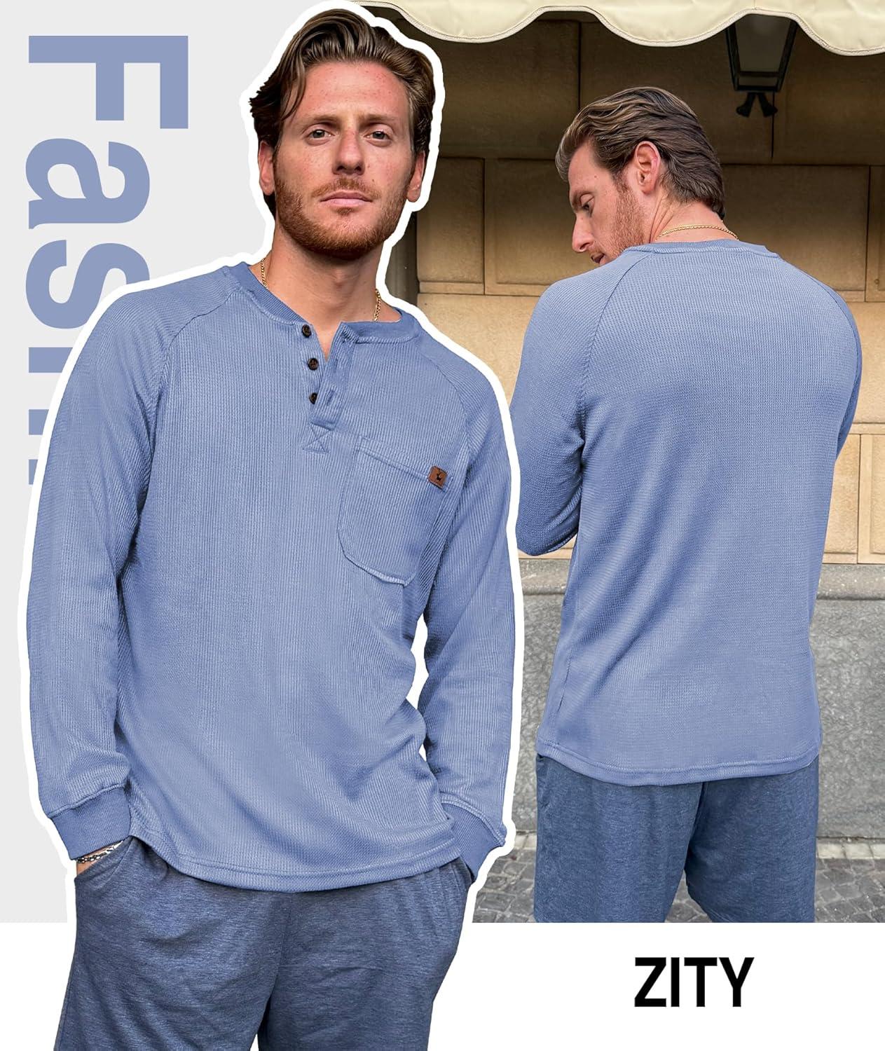 imageZITY Long Sleeve Henley Shirts for Men Casual Waffle Thermal Fashion Pullover 3Button TShirt with PocketZhaze Blue