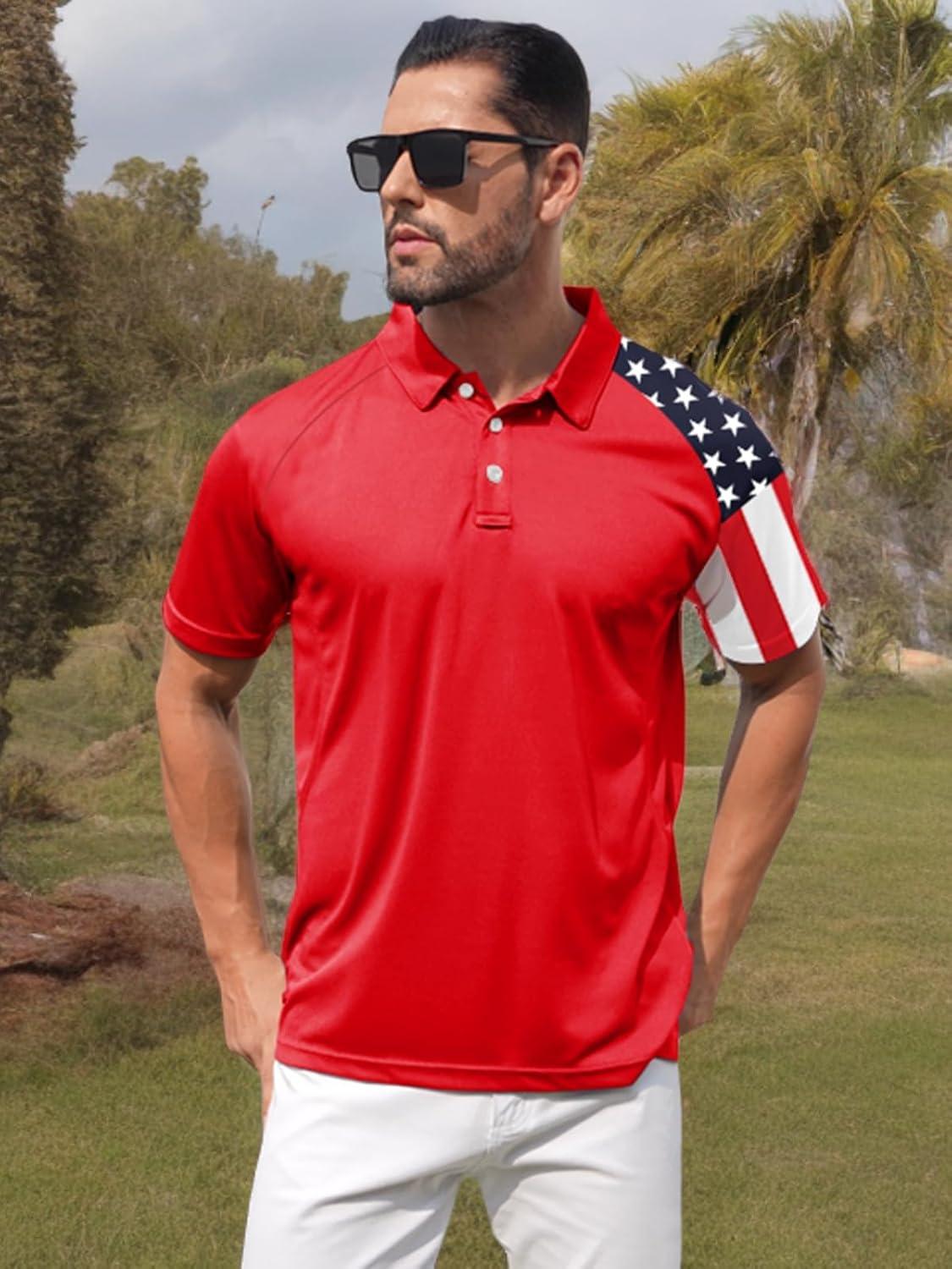 imageZITY Mens Flag Golf Polo Shirts Short Sleeve Tactical Collared Shirt Men Outdoor Moisture Wicking ShirtsRed