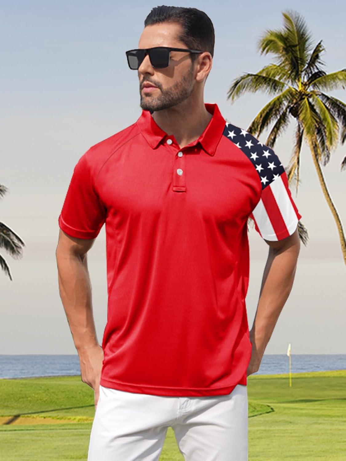 imageZITY Mens Flag Golf Polo Shirts Short Sleeve Tactical Collared Shirt Men Outdoor Moisture Wicking ShirtsRed