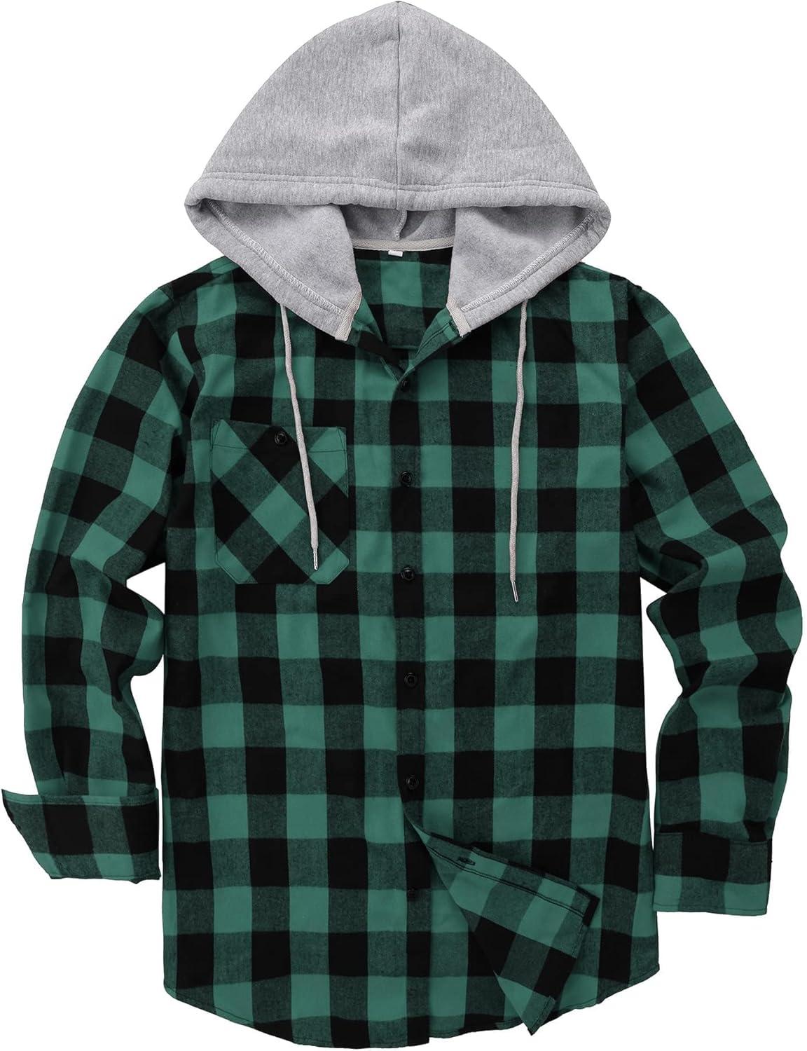 imageZITY Mens Flannel Hoodie Shirts Casual Button Down Plaid Shirt Jackets for Men Long Sleeve Stylish Hooded with PocketBlack Green