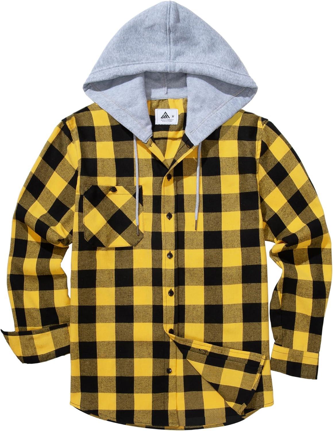 imageZITY Mens Flannel Hoodie Shirts Casual Button Down Plaid Shirt Jackets for Men Long Sleeve Stylish Hooded with PocketYellow