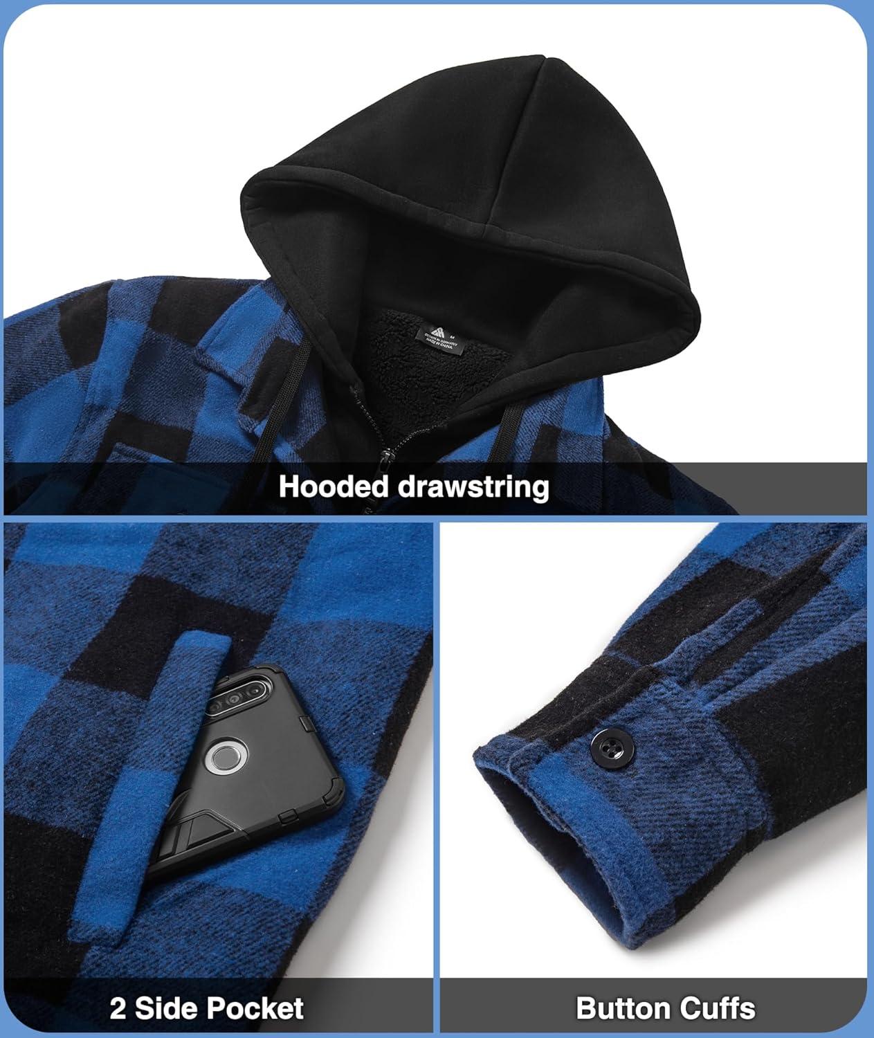 imageZITY Mens Sherpa Flannel Shirt Jacket Plaid Fleece Lined Hoodie Full Zip Long Sleeve Winter Warm Coat for MenBlue