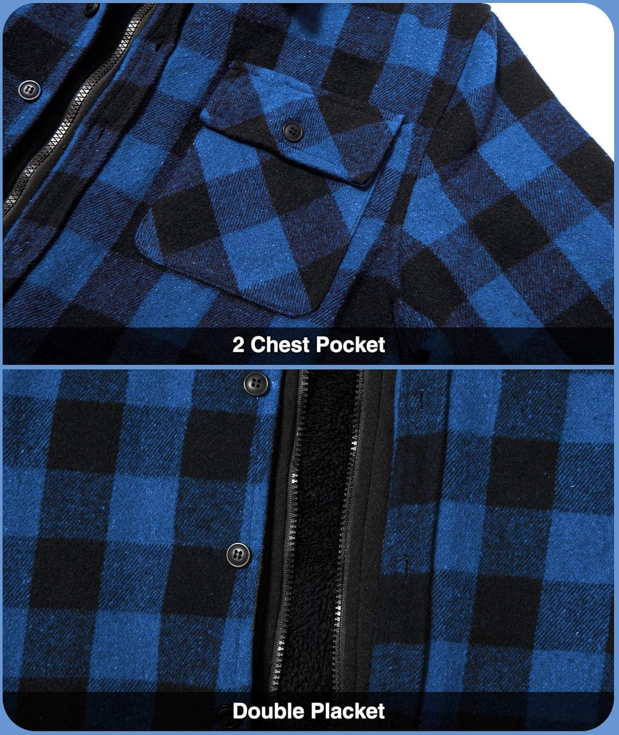 imageZITY Mens Sherpa Flannel Shirt Jacket Plaid Fleece Lined Hoodie Full Zip Long Sleeve Winter Warm Coat for MenBlue