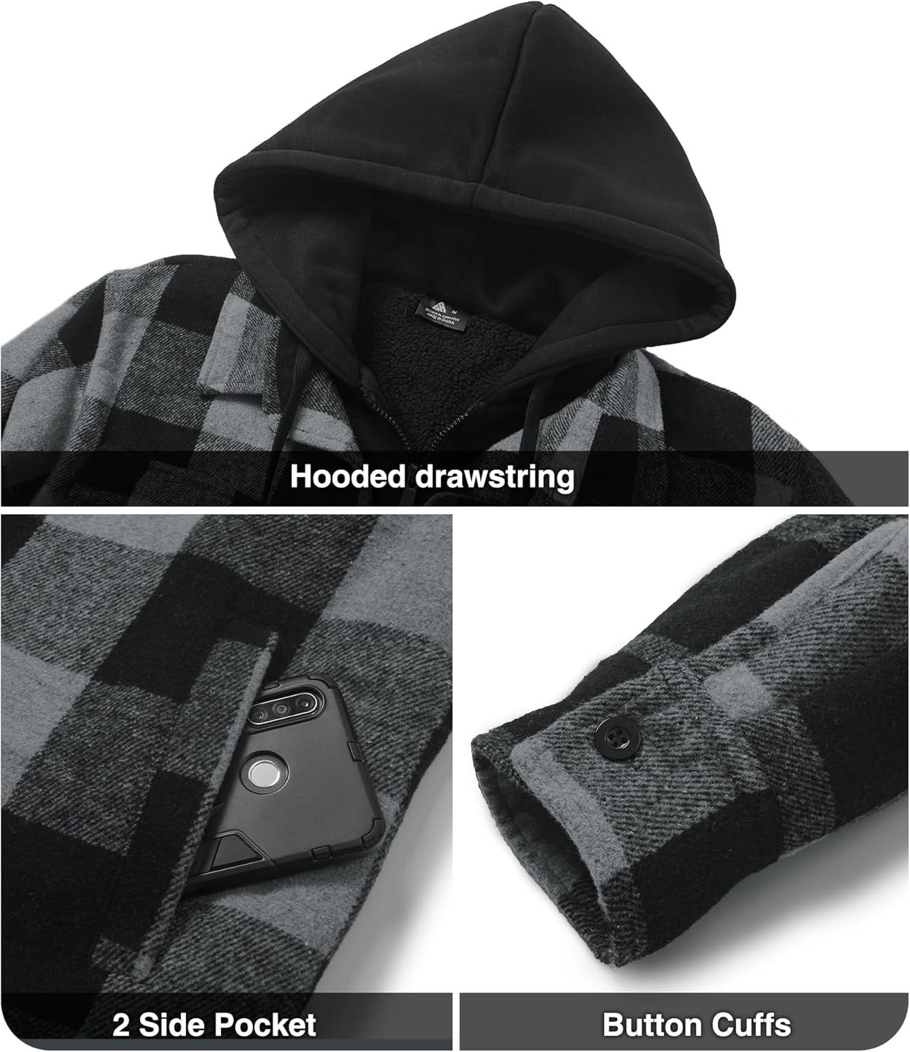 imageZITY Mens Sherpa Flannel Shirt Jacket Plaid Fleece Lined Hoodie Full Zip Long Sleeve Winter Warm Coat for MenGrey