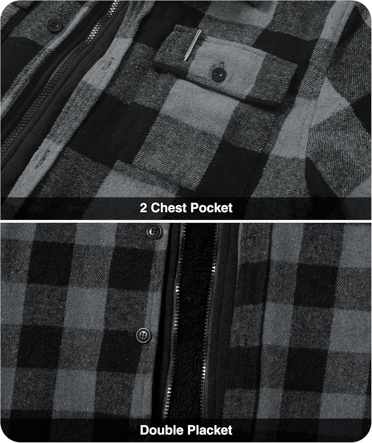 imageZITY Mens Sherpa Flannel Shirt Jacket Plaid Fleece Lined Hoodie Full Zip Long Sleeve Winter Warm Coat for MenGrey