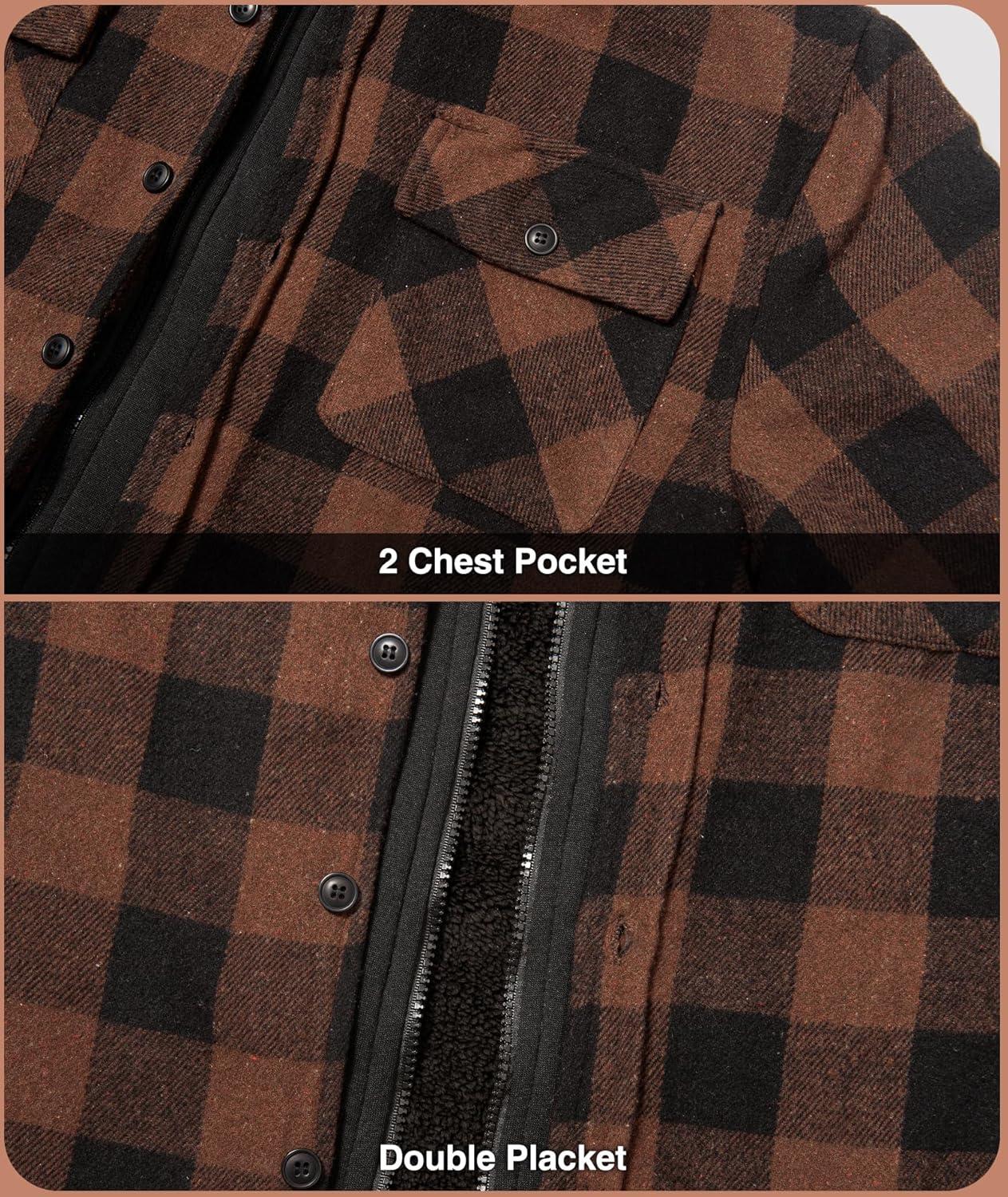 imageZITY Mens Sherpa Flannel Shirt Jacket Plaid Fleece Lined Hoodie Full Zip Long Sleeve Winter Warm Coat for MenKhaki