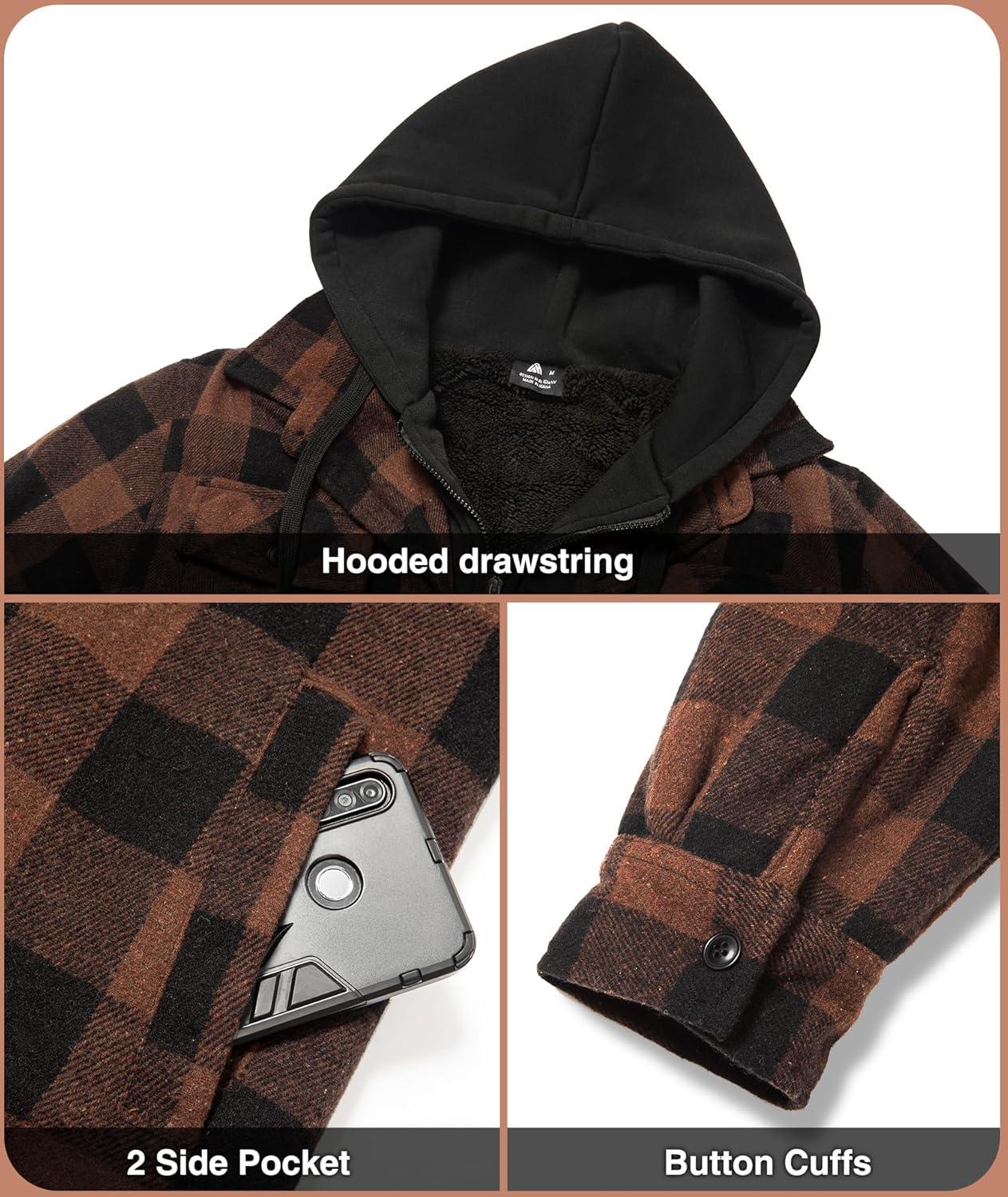 imageZITY Mens Sherpa Flannel Shirt Jacket Plaid Fleece Lined Hoodie Full Zip Long Sleeve Winter Warm Coat for MenKhaki