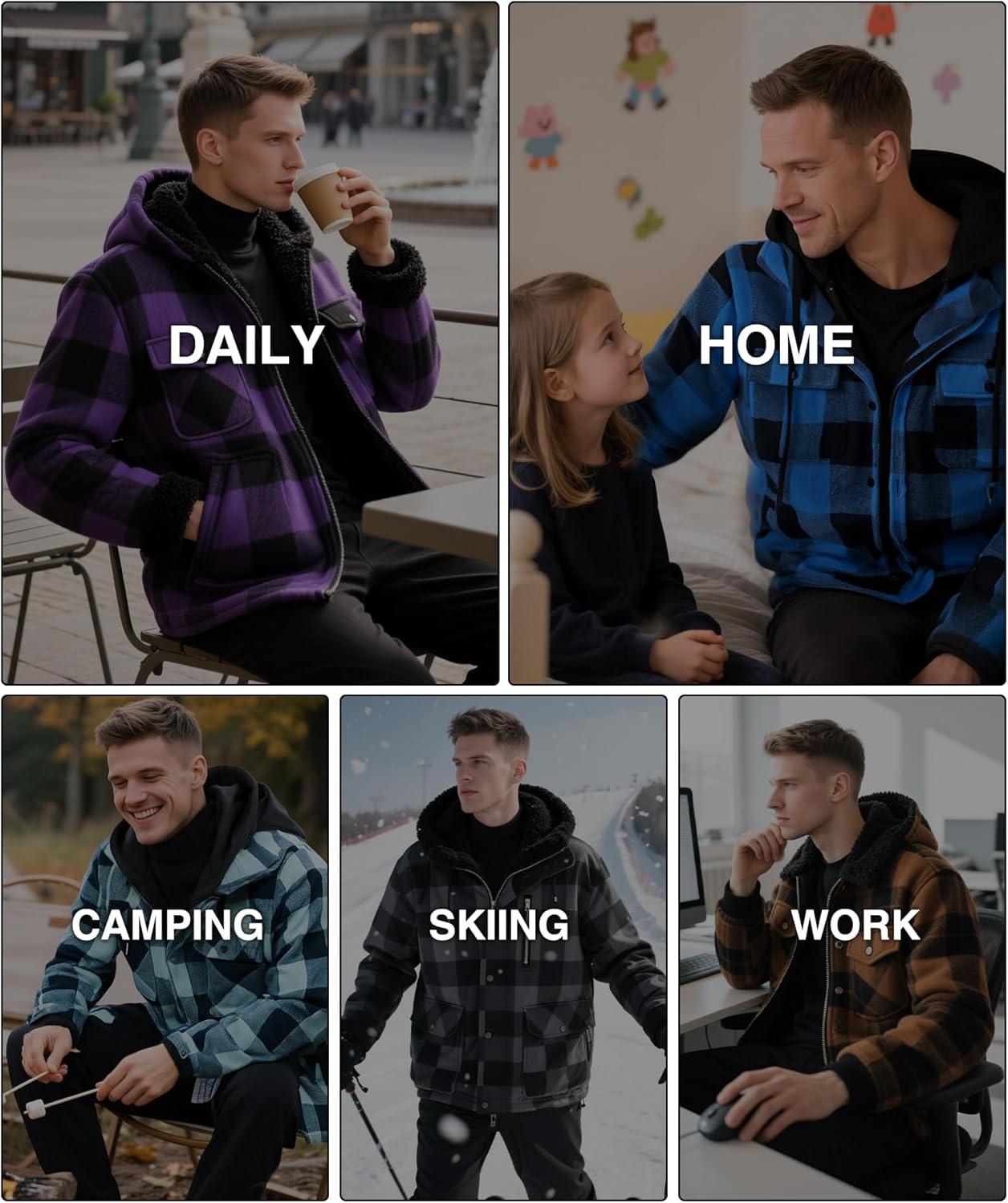 imageZITY Mens Sherpa Flannel Shirt Jacket Plaid Fleece Lined Hoodie Full Zip Long Sleeve Winter Warm Coat for MenKhaki