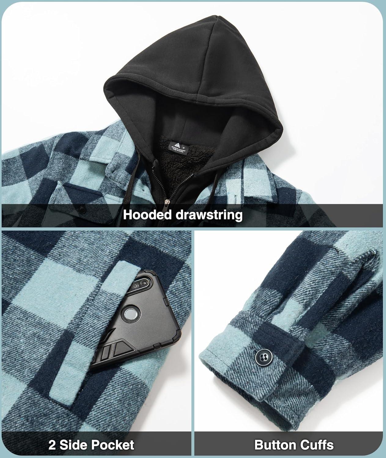imageZITY Mens Sherpa Flannel Shirt Jacket Plaid Fleece Lined Hoodie Full Zip Long Sleeve Winter Warm Coat for MenLight Green