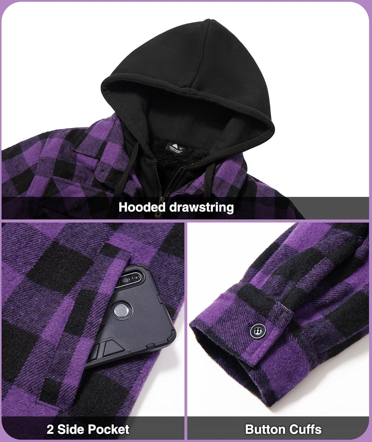 imageZITY Mens Sherpa Flannel Shirt Jacket Plaid Fleece Lined Hoodie Full Zip Long Sleeve Winter Warm Coat for MenPurple