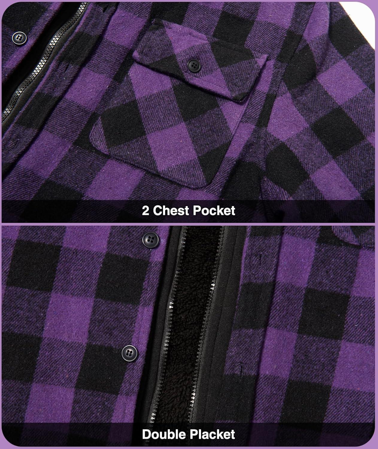 imageZITY Mens Sherpa Flannel Shirt Jacket Plaid Fleece Lined Hoodie Full Zip Long Sleeve Winter Warm Coat for MenPurple
