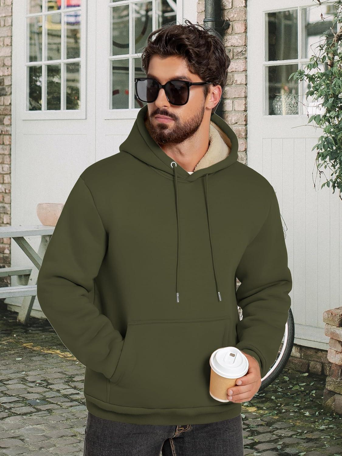 imageZITY Mens Sherpa Lined Hoodie Sweatshirts Heavy Pullover Kangaroo Pocket Winter Windproof Warm Fleece Hoodie AthleticArmy Green