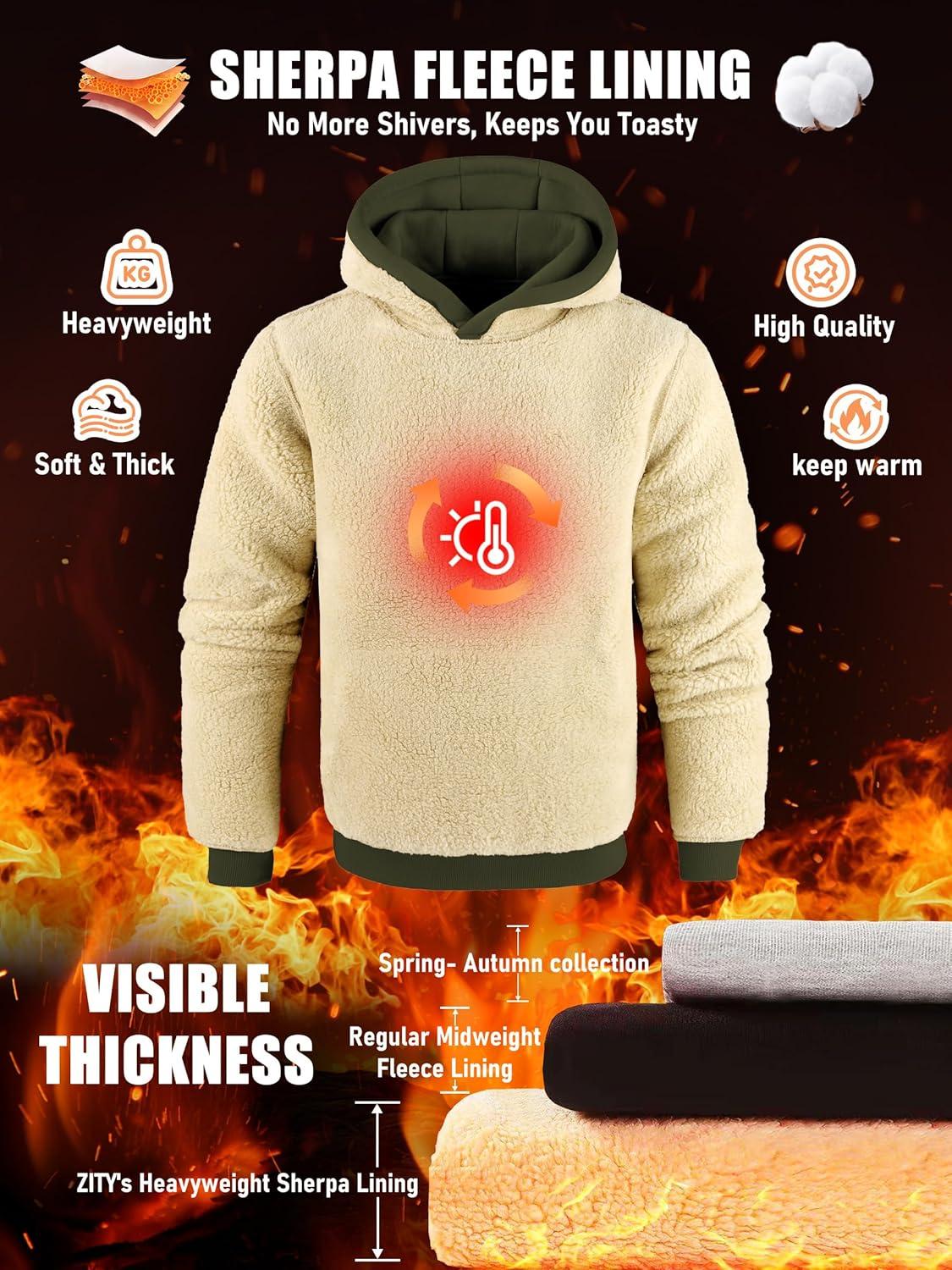 imageZITY Mens Sherpa Lined Hoodie Sweatshirts Heavy Pullover Kangaroo Pocket Winter Windproof Warm Fleece Hoodie AthleticArmy Green