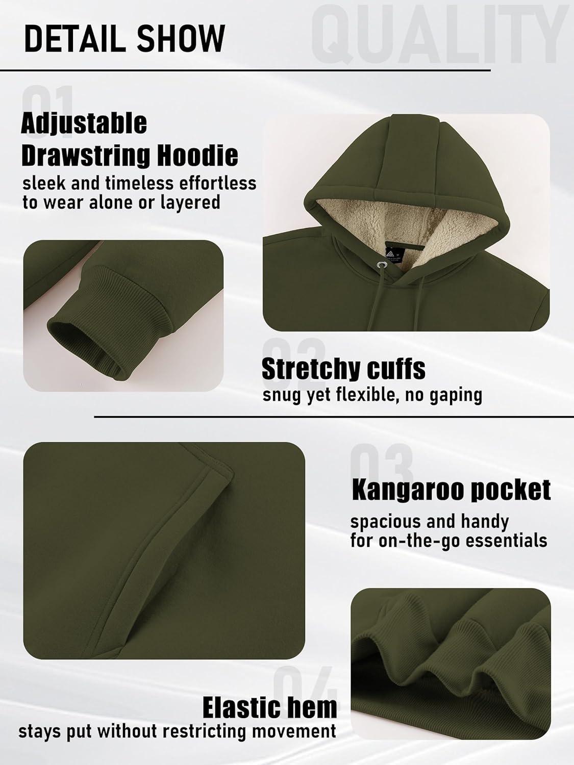 imageZITY Mens Sherpa Lined Hoodie Sweatshirts Heavy Pullover Kangaroo Pocket Winter Windproof Warm Fleece Hoodie AthleticArmy Green