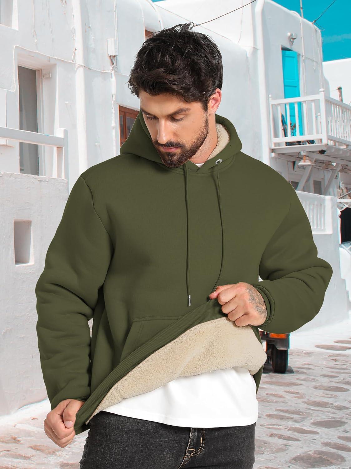 imageZITY Mens Sherpa Lined Hoodie Sweatshirts Heavy Pullover Kangaroo Pocket Winter Windproof Warm Fleece Hoodie AthleticArmy Green