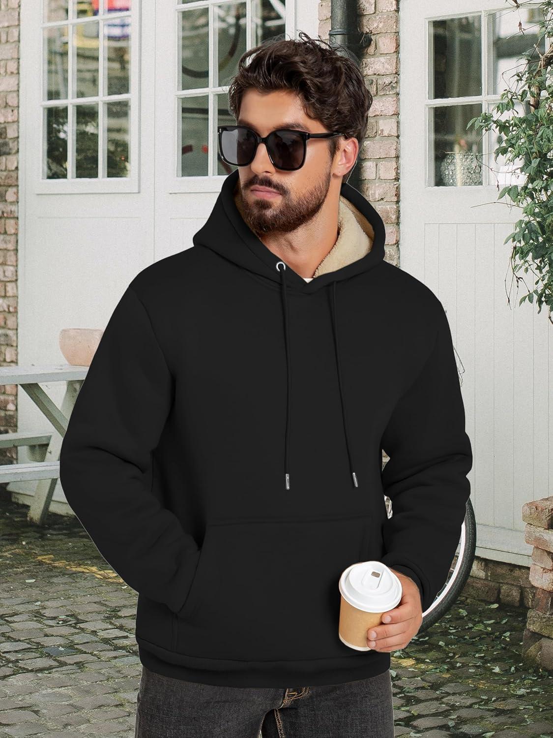 imageZITY Mens Sherpa Lined Hoodie Sweatshirts Heavy Pullover Kangaroo Pocket Winter Windproof Warm Fleece Hoodie AthleticBlack