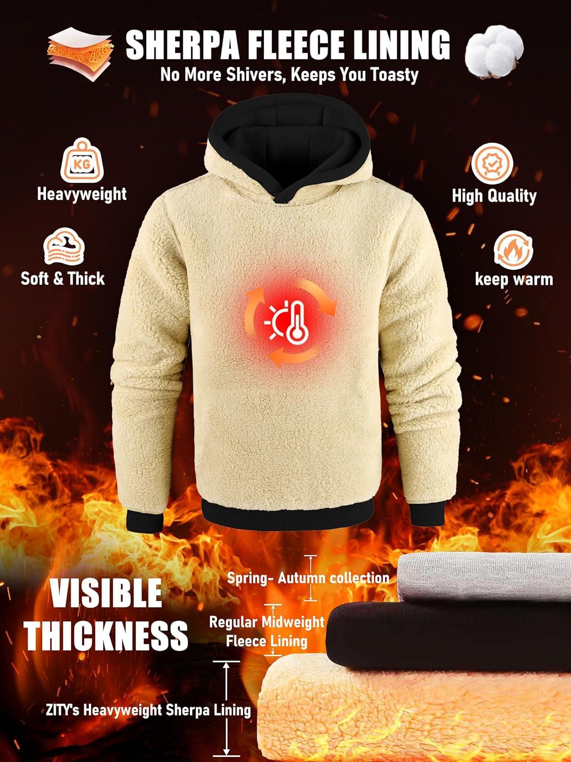 imageZITY Mens Sherpa Lined Hoodie Sweatshirts Heavy Pullover Kangaroo Pocket Winter Windproof Warm Fleece Hoodie AthleticBlack