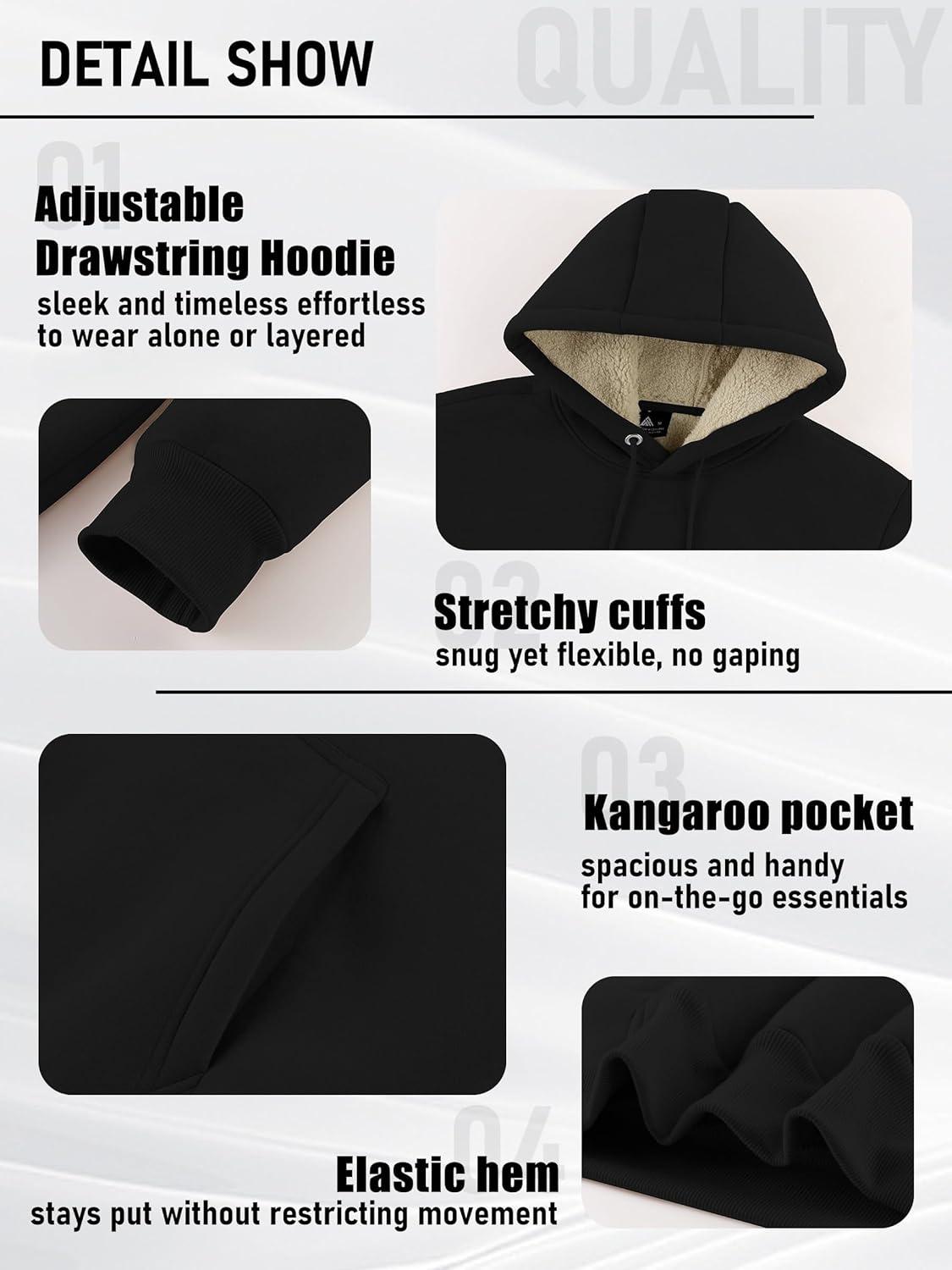 imageZITY Mens Sherpa Lined Hoodie Sweatshirts Heavy Pullover Kangaroo Pocket Winter Windproof Warm Fleece Hoodie AthleticBlack