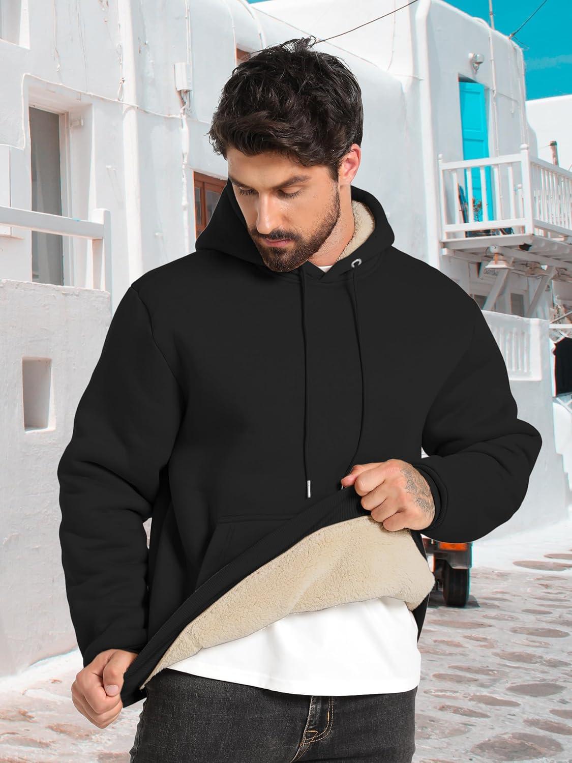 imageZITY Mens Sherpa Lined Hoodie Sweatshirts Heavy Pullover Kangaroo Pocket Winter Windproof Warm Fleece Hoodie AthleticBlack