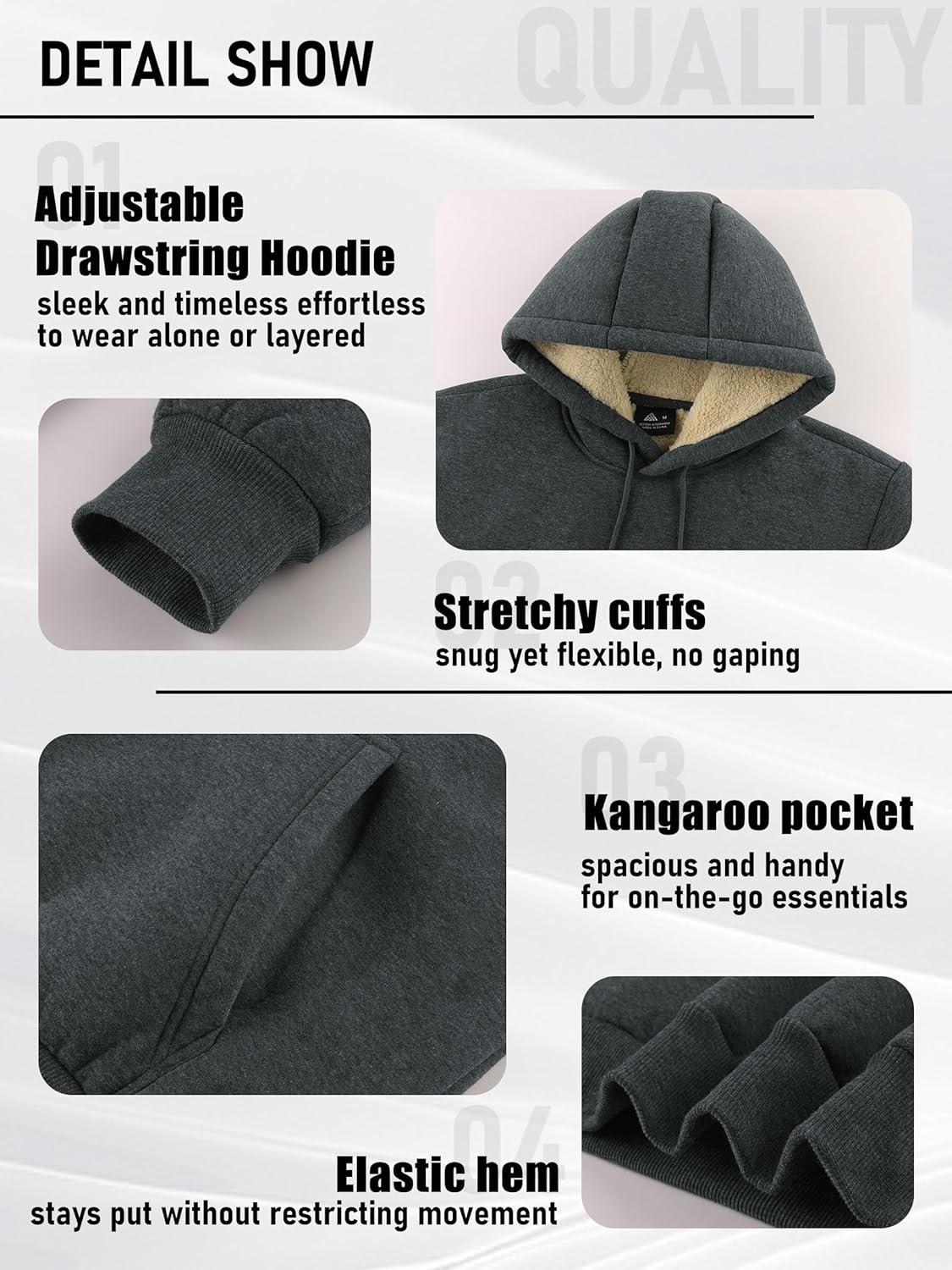 imageZITY Mens Sherpa Lined Hoodie Sweatshirts Heavy Pullover Kangaroo Pocket Winter Windproof Warm Fleece Hoodie AthleticGrey