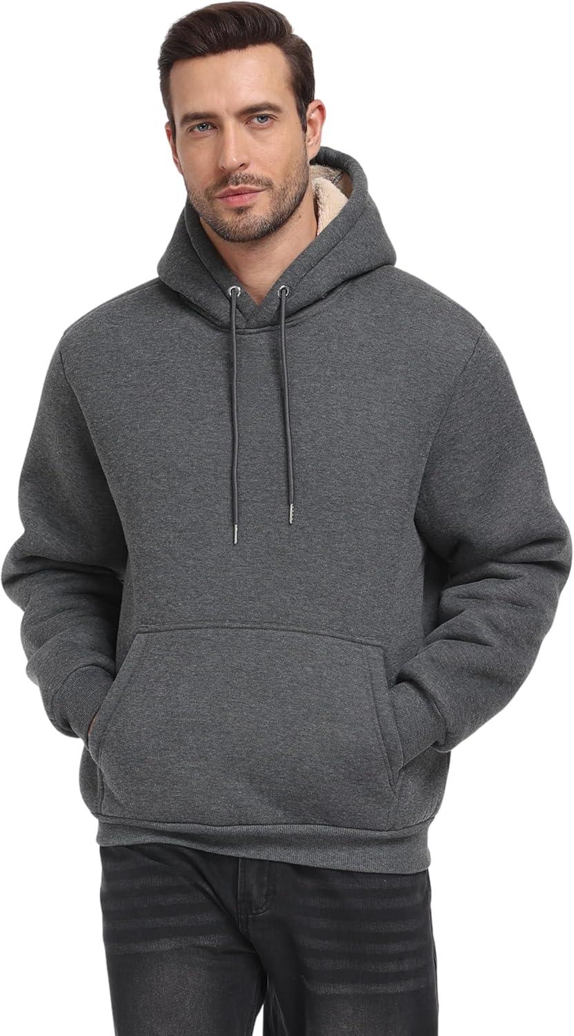 imageZITY Mens Sherpa Lined Hoodie Sweatshirts Heavy Pullover Kangaroo Pocket Winter Windproof Warm Fleece Hoodie AthleticGrey