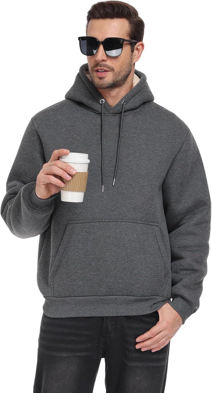 imageZITY Mens Sherpa Lined Hoodie Sweatshirts Heavy Pullover Kangaroo Pocket Winter Windproof Warm Fleece Hoodie AthleticGrey