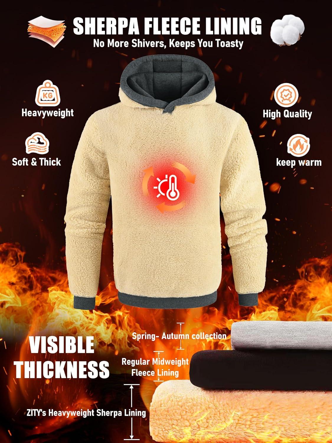 imageZITY Mens Sherpa Lined Hoodie Sweatshirts Heavy Pullover Kangaroo Pocket Winter Windproof Warm Fleece Hoodie AthleticGrey