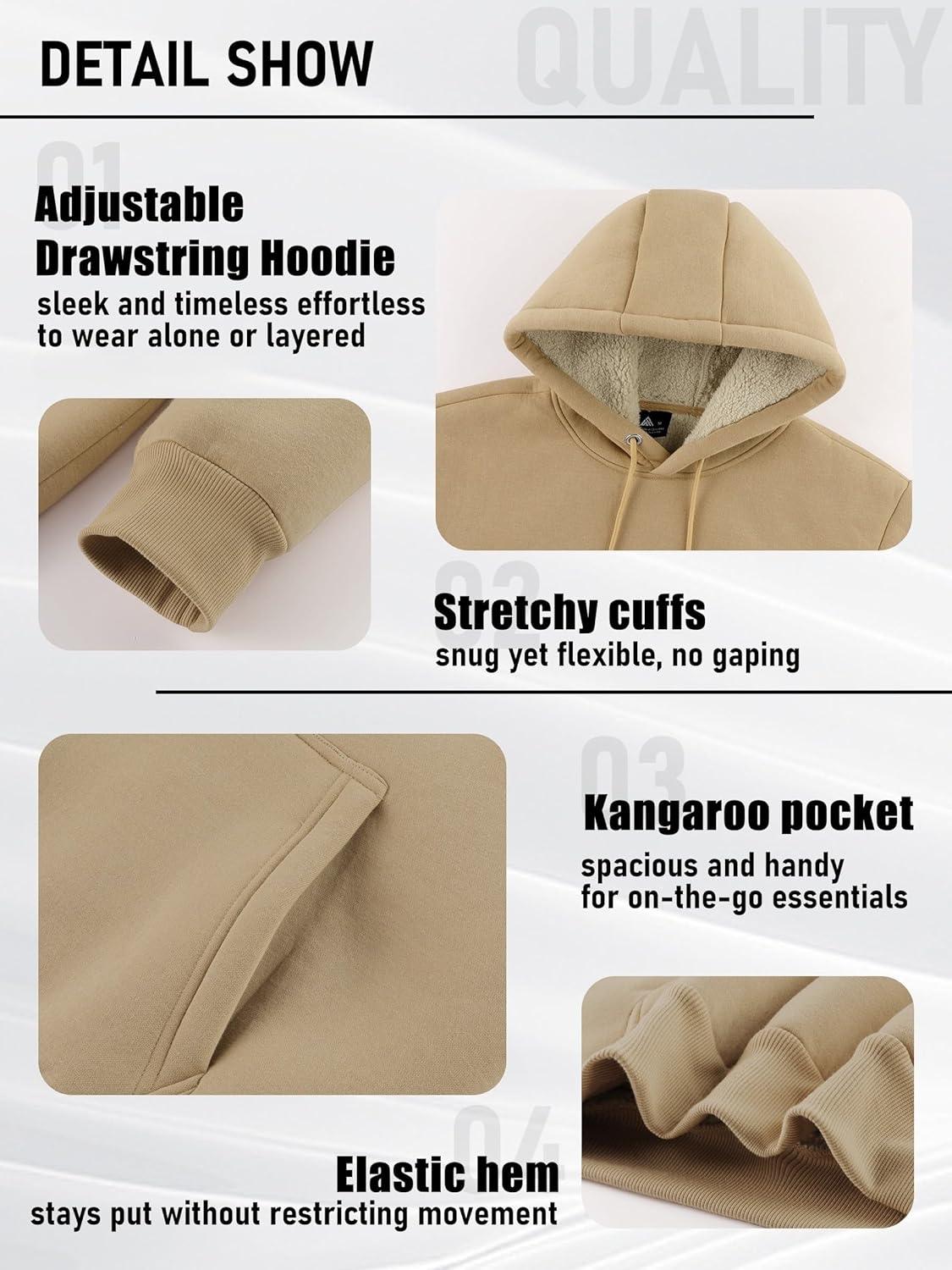 imageZITY Mens Sherpa Lined Hoodie Sweatshirts Heavy Pullover Kangaroo Pocket Winter Windproof Warm Fleece Hoodie AthleticLight Brown